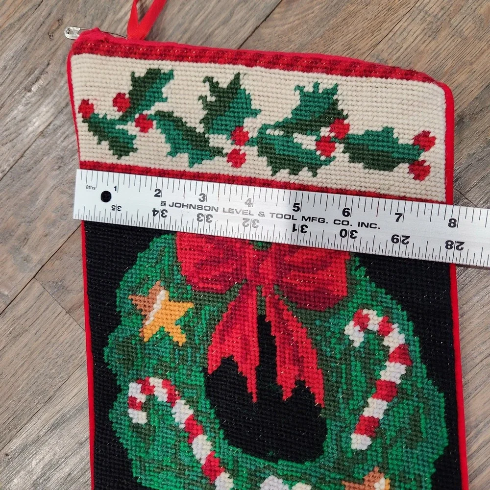 VTG Handmade Wool Needlepoint Holly‎ Wreath Candy Cane Christmas Velvet Stocking